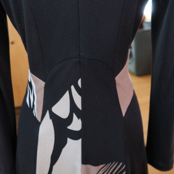 $425 ISSA London dress size US 6 black with beige abstract print 100% silk flare - Picture 7 of 14